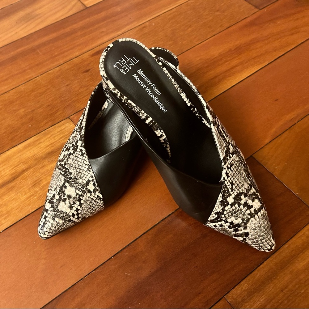 Time and Tru Faux Snake Print “Sally” Heeled Mule